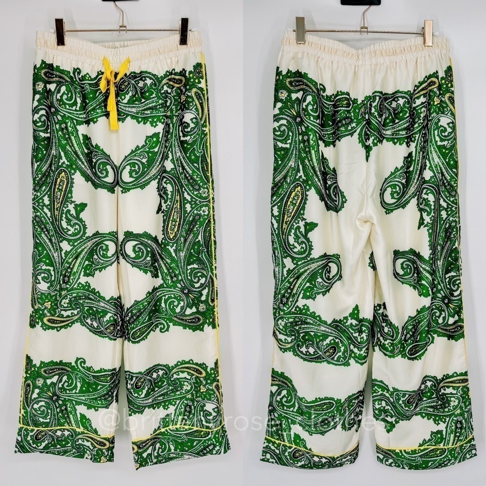 J. Crew Green Paisley Print Wide-Leg Pants with Yellow Drawstring - Picture 2 of 8